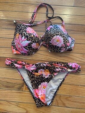 Leopard Floral Print Push-Up Bikini - Pink & Brown
